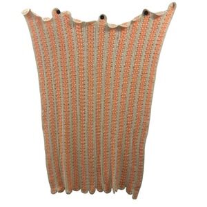 Handmade Crochet Throw Blanket Peach Cream Striped Scalloped Edge 68x44 Vintage